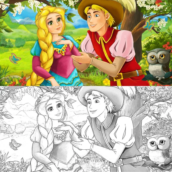 子供のための旅のイラスト上の農場の果樹園で王子と王女とフクロウと漫画シーン — ストック写真