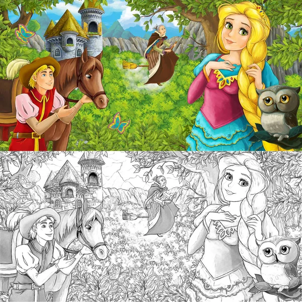 在城堡塔附近的森林里与公主在一起的卡通片场景和飞行的女巫 儿童插图 — 图库照片