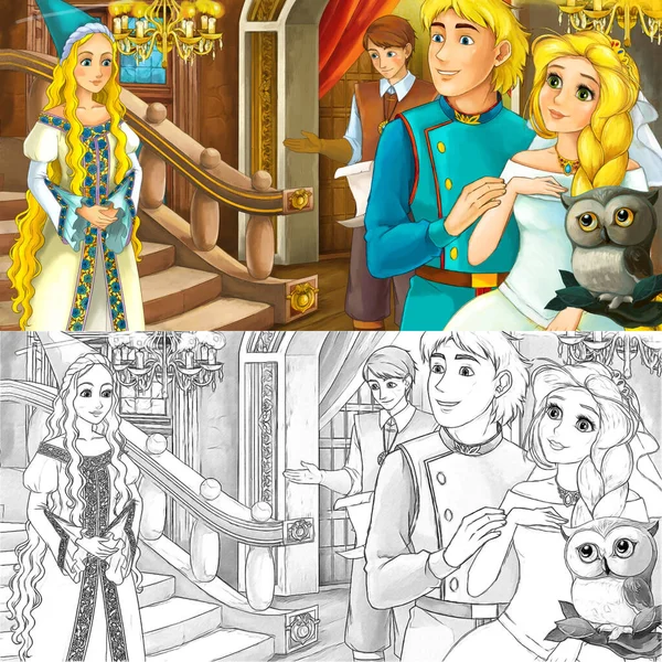 Scène Dessin Animé Avec Hibou Avec Prince Princesse Dans Salle — Photo