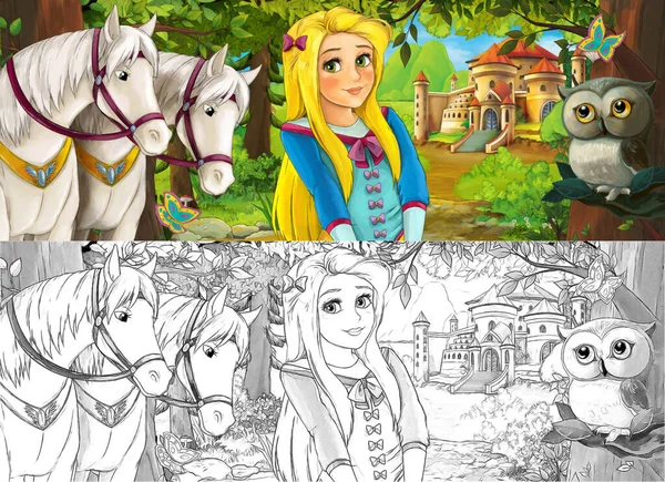 Cartoon nature scene with owl with beautiful castle near the forest with beautiful young princess and horses - illustration for the children