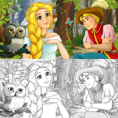 Mutlu prenses ve prensle birlikte ormanın içinde baykuşun olduğu çizgi film sahnesi çocuklar için resimli seyahat.