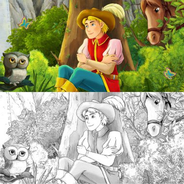 Ormanda baykuşla mutlu bir prensin olduğu çizgi film sahnesi çocuklar için gezici illüstrasyonlar