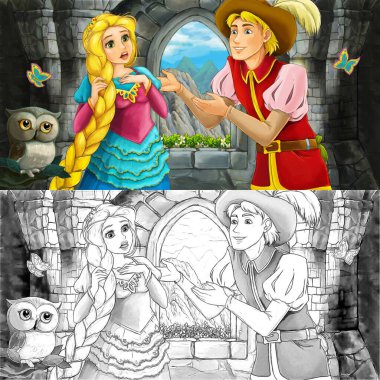 Şato odasında, baykuşla prens ve prensesin olduğu karikatür sahnesi çocuklar için.