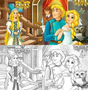 Şato odasında, baykuşla prens ve prensesin evli olduğu karikatür sahnesi çocuklar için resimdir.