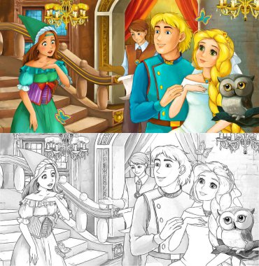 Şato odasında, baykuşla prens ve prensesin evli olduğu karikatür sahnesi çocuklar için resimdir.