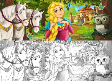 Baykuş sahnesiyle çizgi film sahnesi. Ormanın yakınındaki güzel şatoda güzel genç prenses ve atlar. Çocuklar için illüstrasyon.