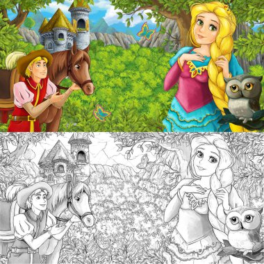 Kale kulesinin yakınındaki ormanda baykuşla çizgi film sahnesi - çocuklar için çizim