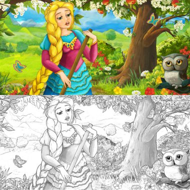 Baykuşla çizgi film sahnesi. Çiftlik bahçesinde prensesle birlikte. Çocuklar için resimleme yolculuğunda.