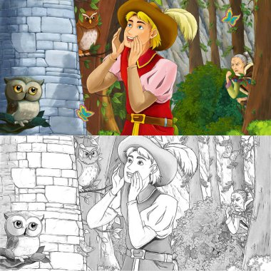 Baykuşla prensin ormanda at sürdüğü karikatür sahnesi - çocuklar için illüstrasyon