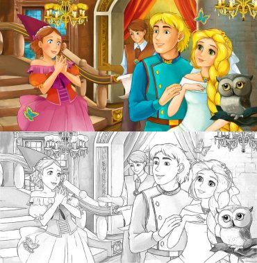 Şato odasında, baykuşla prens ve prensesin evli olduğu karikatür sahnesi çocuklar için resimdir.