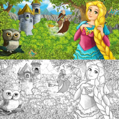 Kale kulesinin yakınındaki ormanda baykuşla çizgi film sahnesi - çocuklar için çizim