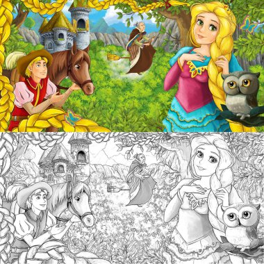 Kale kulesinin yakınındaki ormanda baykuşla çizgi film sahnesi - çocuklar için çizim