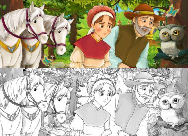 Ormanın yakınındaki güzel şatosu olan baykuşlu çizgi film doğa sahnesi. Genç kadın ve karı-kocayla birlikte. Çocuklar için bir resim.