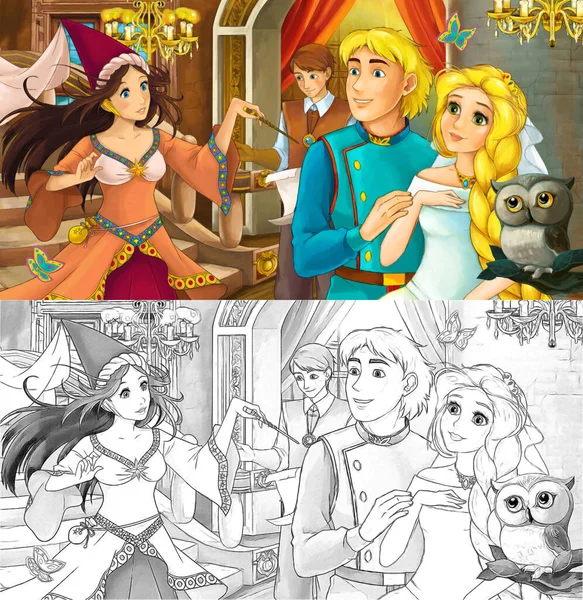 Cartoon Scene Owl Prince Princess Married Couple Castle Room Illustration — Stock Photo, Image