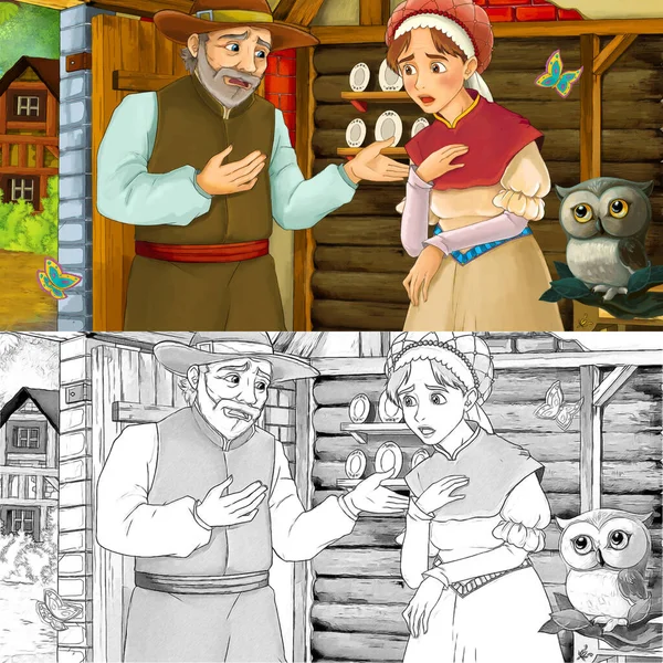 Cartoon Farm Scene Owl Parents Farmer His Wife Talking Illustration — Stock Photo, Image