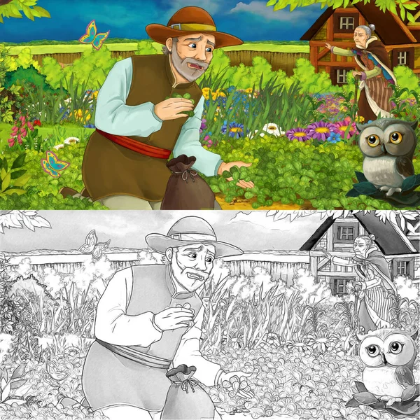 Cartoon Boerderij Scène Met Uil Met Ouders Boer Zijn Boerderij — Stockfoto