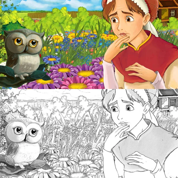在农场的草地上为孩子们画了一个关于猫头鹰和农妇的卡通片 — 图库照片
