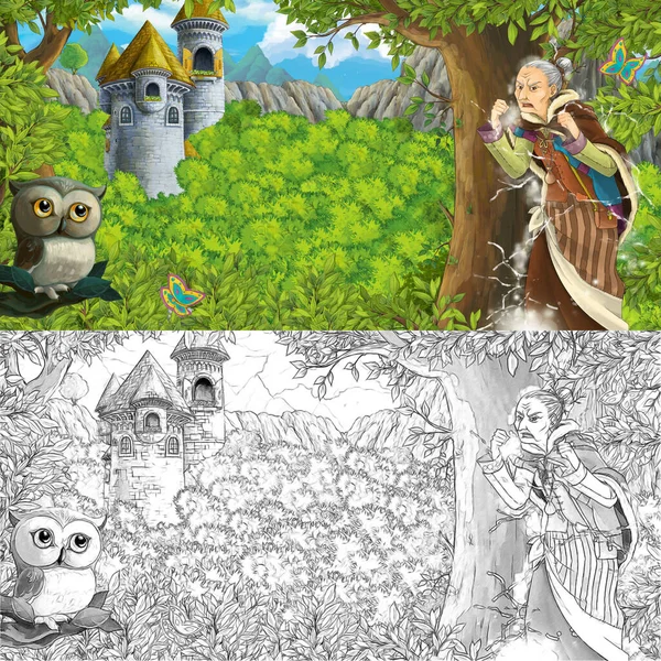 Kreslená Scéna Sovou Starou Čarodějnicí Lese Zámecké Věže Ilustrace Pro — Stock fotografie