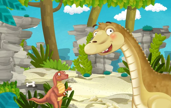 Kreslená Scéna Dinosaurem Džungli Příroda Pozadí Ilustrace Pro Děti — Stock fotografie