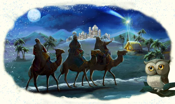 Cartoon Illustration Holy Family Three Kings Traditional Scene Illustration Children — Stock Photo, Image
