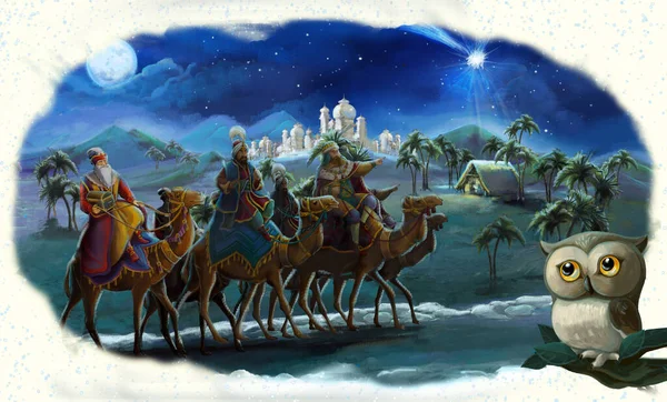 Kreslená Ilustrace Svaté Rodiny Tří Králů Tradiční Scéna Ilustrace Pro — Stock fotografie