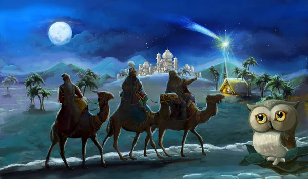 Zeichentrickillustration Der Heiligen Familie Und Der Heiligen Drei Könige Traditionelle — Stockfoto
