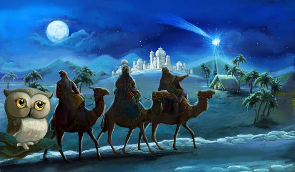 Cartoon Illustration Holy Family Three Kings Traditional Scene Illustration Children — Stock Photo, Image