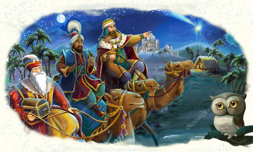 cartoon illustration of the holy family and three kings - traditional scene - illustration for the children