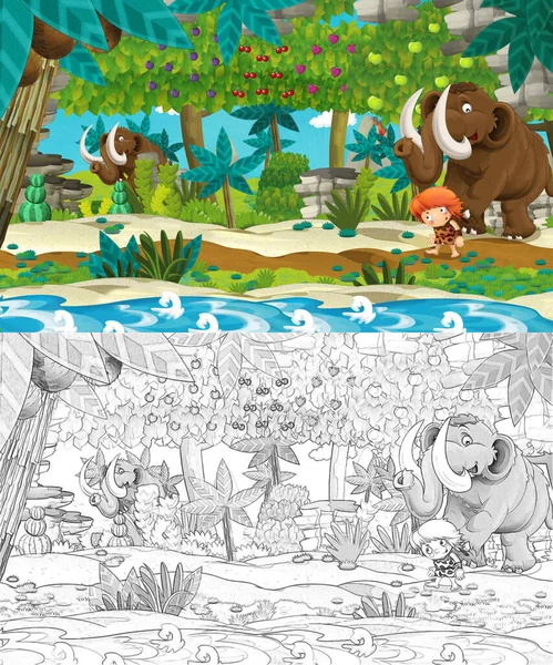 マンモスとフルーツの木で川の近くを旅する先史時代の人々と漫画のスケッチシーン 子供のためのイラスト — ストック写真