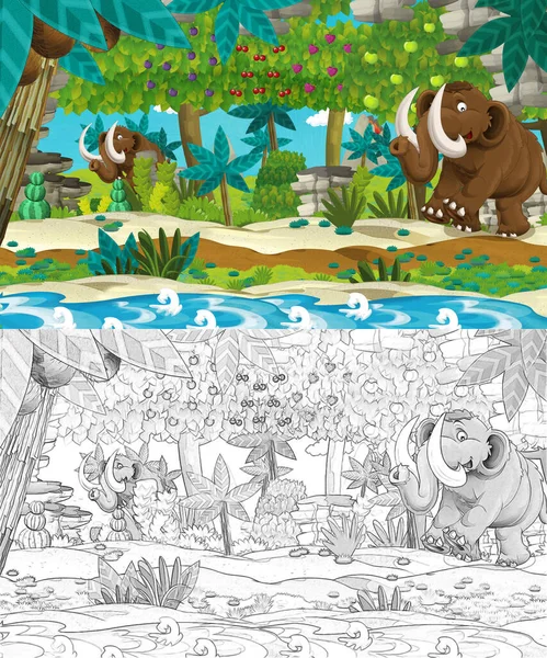 Tarih Öncesi Mamutların Nehir Kenarında Gezdiği Karikatür Sahnesi Meyve Ağaçları — Stok fotoğraf