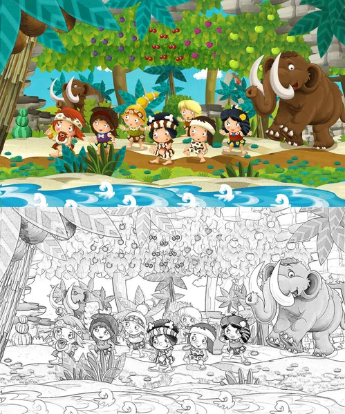 Cartoon Sketch Scene Prehistoric People Traveling River Mammoths Fruit Trees — Stock Photo, Image