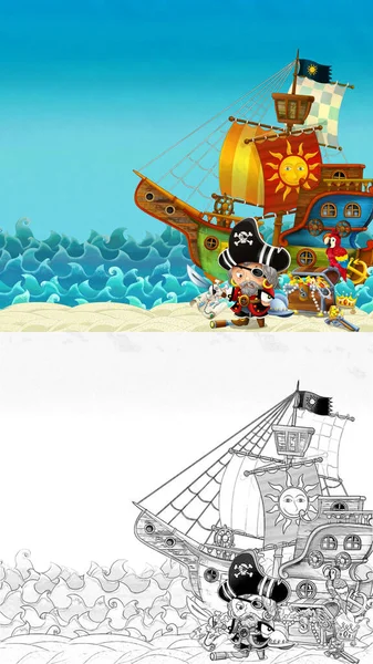 Мультиплікаційна Сцена Пляжу Біля Моря Або Океану Капітан Піратів Березі — стокове фото