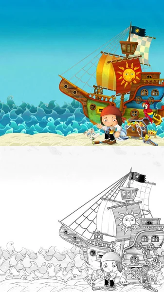 近海或近海海滩的卡通画场景 岸上的海盗船长和宝箱 海盗船 儿童插图 — 图库照片