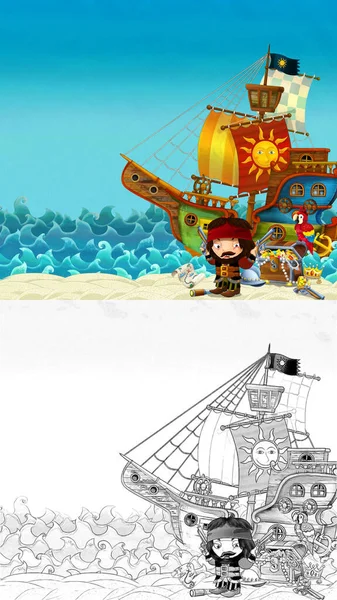 海や海の近くのビーチの漫画のスケッチシーン 海岸や宝箱の海賊船長 海賊船 子供のためのイラスト — ストック写真