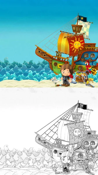 Карикатура Сцена Пляжа Моря Океана Пиратский Капитан Берегу Сундук Сокровищами — стоковое фото
