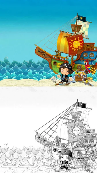 近海或近海海滩的卡通画场景 岸上的海盗船长和宝箱 海盗船 儿童插图 — 图库照片
