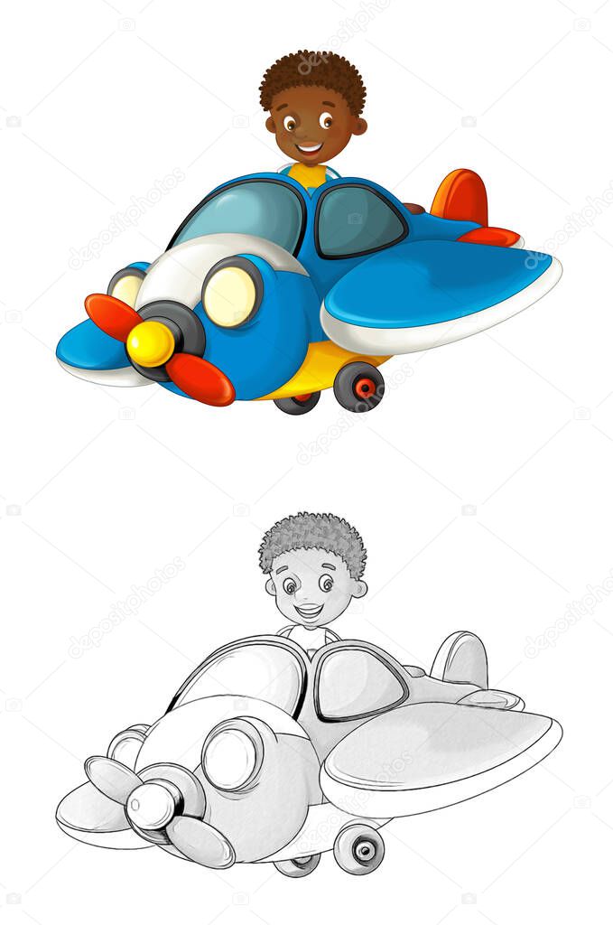 cartoon scene with sketch with kid in toy traditional plane with propeller flying - illustration for children