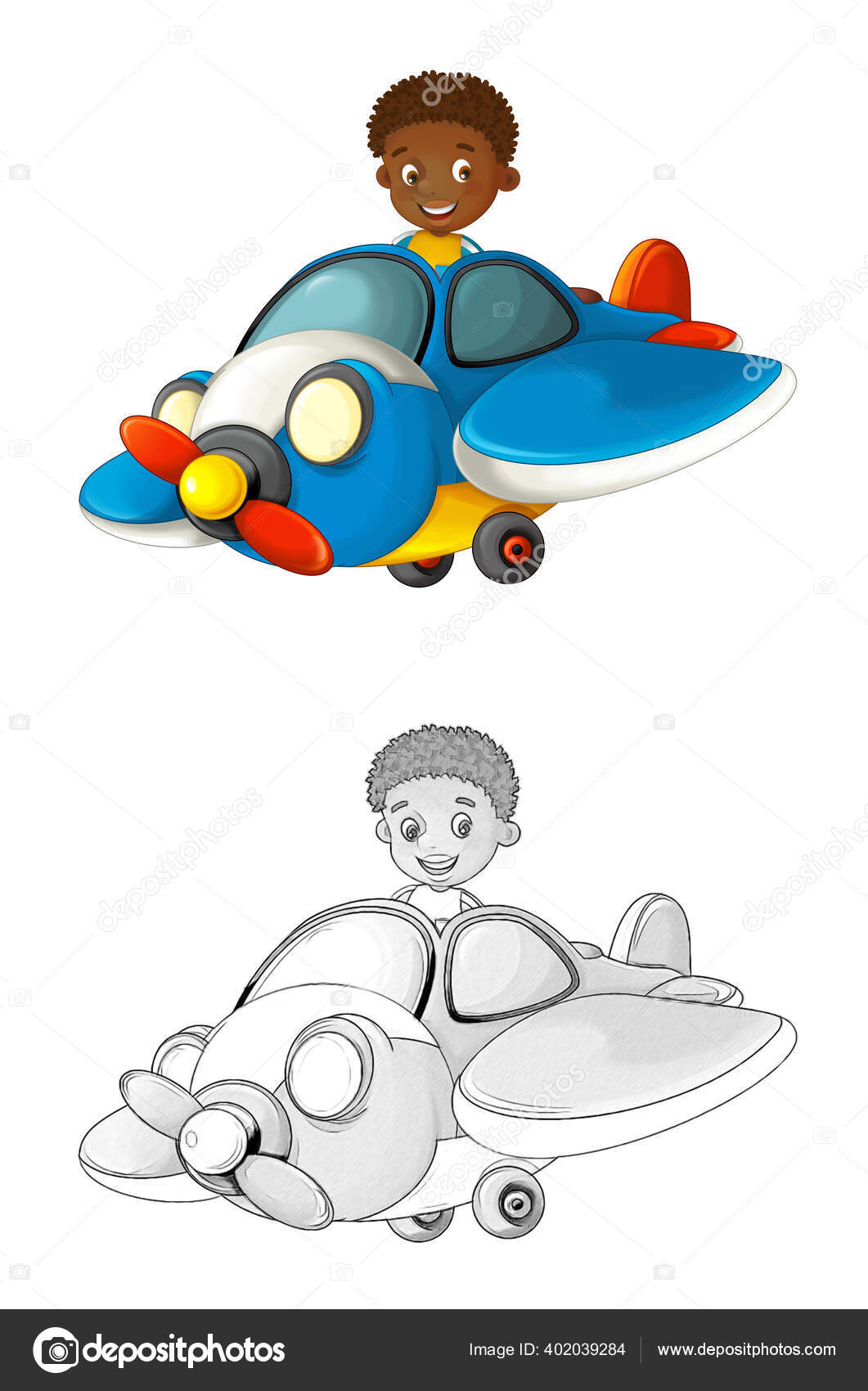Adegan Kartun Dengan Sketsa Anak Anak Pesawat Tradisional Mainan Dengan Stok Foto Illustrator Hft 402039284