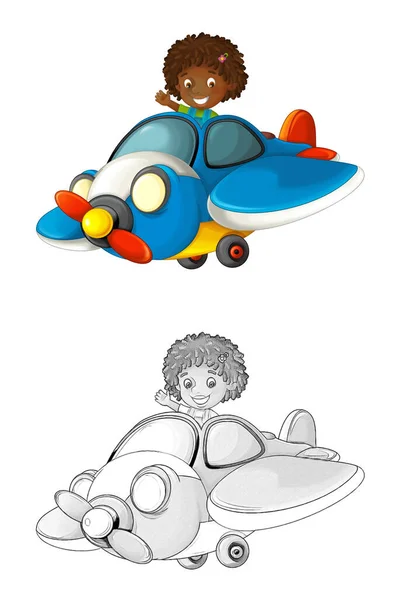 子供とのスケッチと漫画シーンプロペラ飛行とおもちゃの伝統的な平面で 子供のためのイラスト — ストック写真