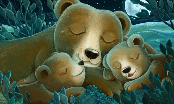 Cartoon scene with family of bears in the forest by night - illustration for children