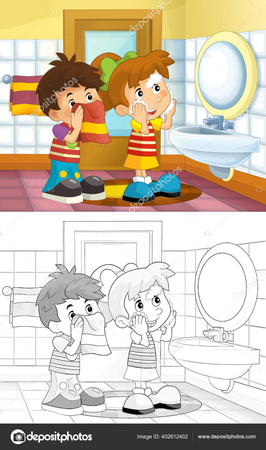 Kartun Sketsa Anak Anak Kamar Mandi Anak Laki Laki Dan Stok Foto Illustrator Hft 402612402