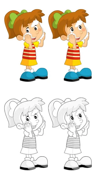 Cartoon Sketch Girl Washing White Background Illustration Children — Stock Photo, Image