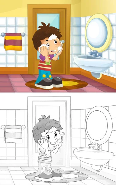 Desenho Animado Criança Banheiro Menino Lavar Louça Ilustração Rosto Para — Fotografia de Stock