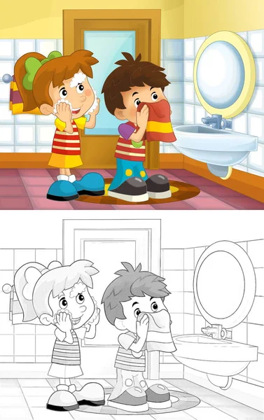 Tecknad Skiss Barn Badrummet Pojke Och Flicka Tvätta Upp Ansikte — Stockfoto