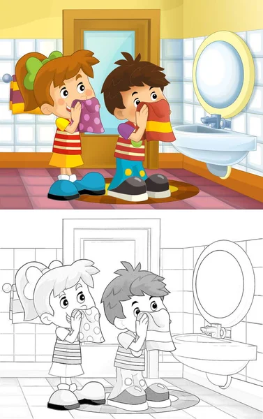 Dibujos Animados Niños Baño Niño Niña Lavando Ilustración Cara Para — Foto de Stock