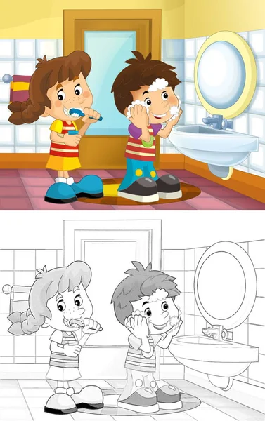 Esquisse Dessin Animé Enfants Dans Salle Bain Garçon Fille Laver — Photo