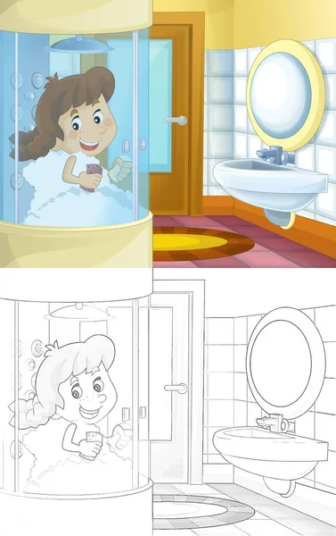 Cartoon Skica Dívka Mytí Koupelně Sprchovací Kout Ilustrace Pro Děti — Stock fotografie