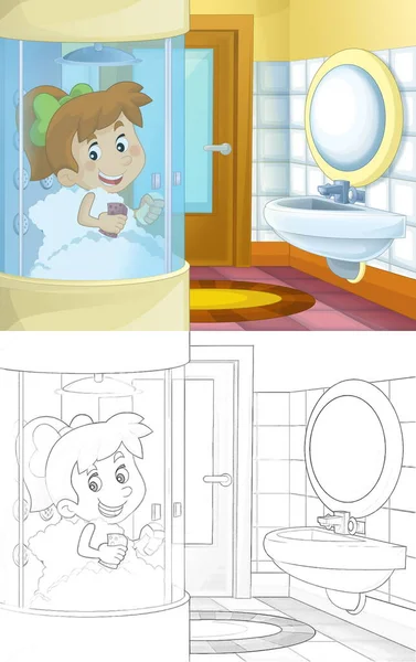 Γελοιογραφία Κορίτσι Πλύσιμο Στο Μπάνιο Καμπίνα Ντους Εικονογράφηση Για Παιδιά — Φωτογραφία Αρχείου