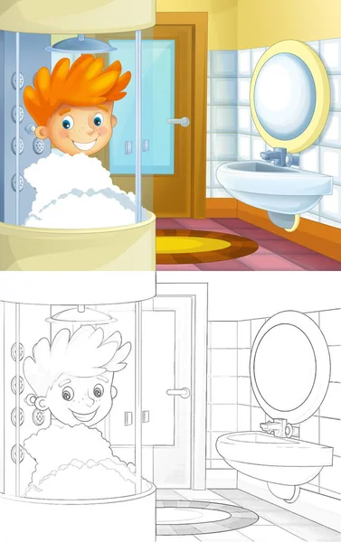 Cartoon Skica Chlapec Mytí Koupelně Sprchovací Kout Ilustrace Pro Děti — Stock fotografie