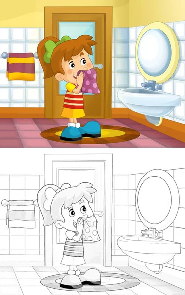 Bambino Schizzo Cartone Animato Bagno Ragazza Lavare Volto Illustrazione Bambini — Foto Stock